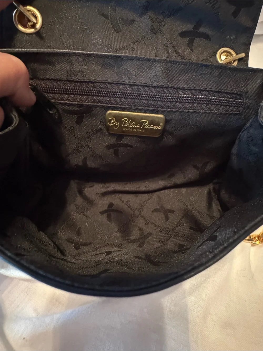 Paloma Picasso Black Leather Crossbody with Gold Chain